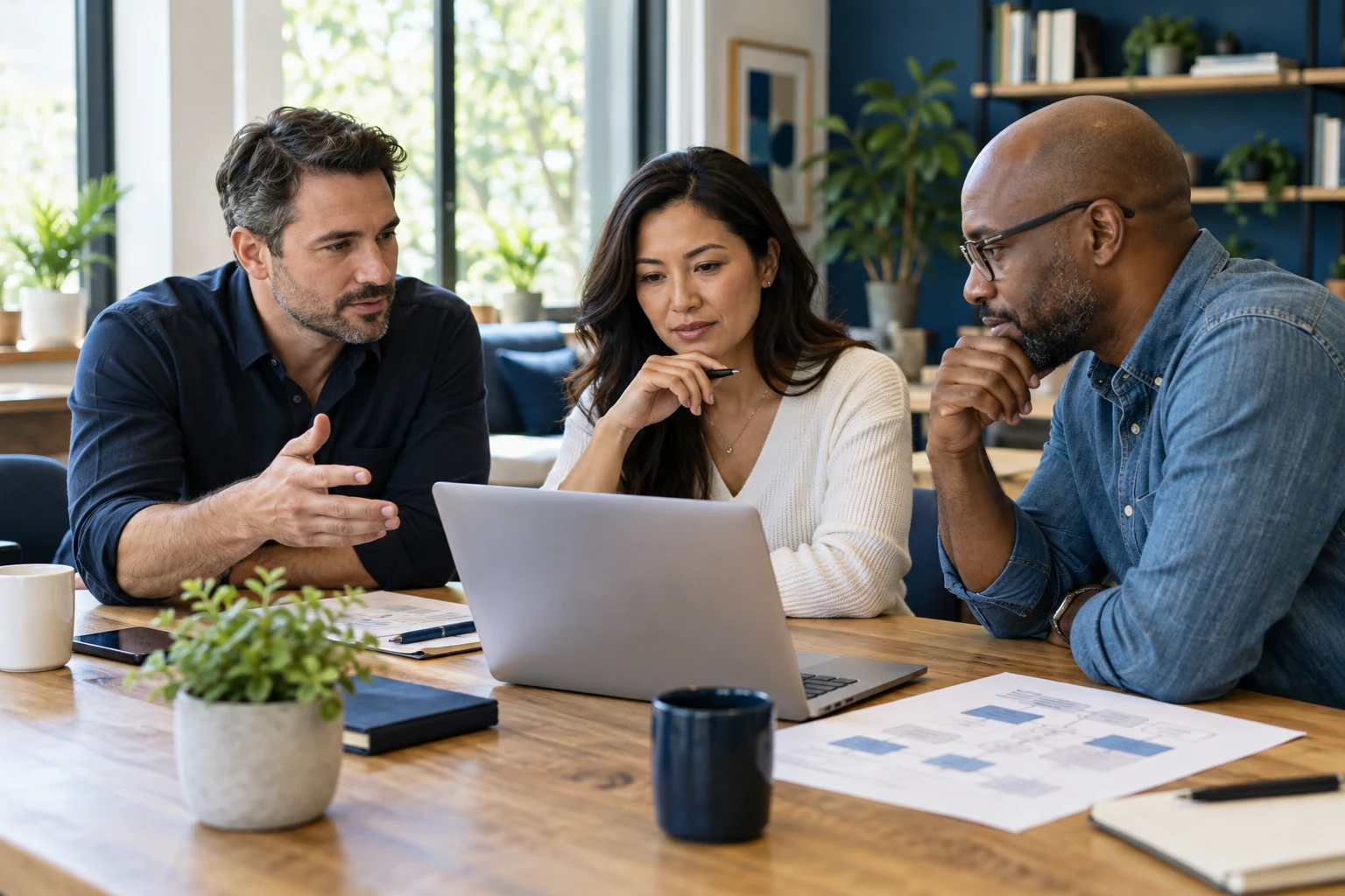 Illustrative business professionals collaborating around a laptop